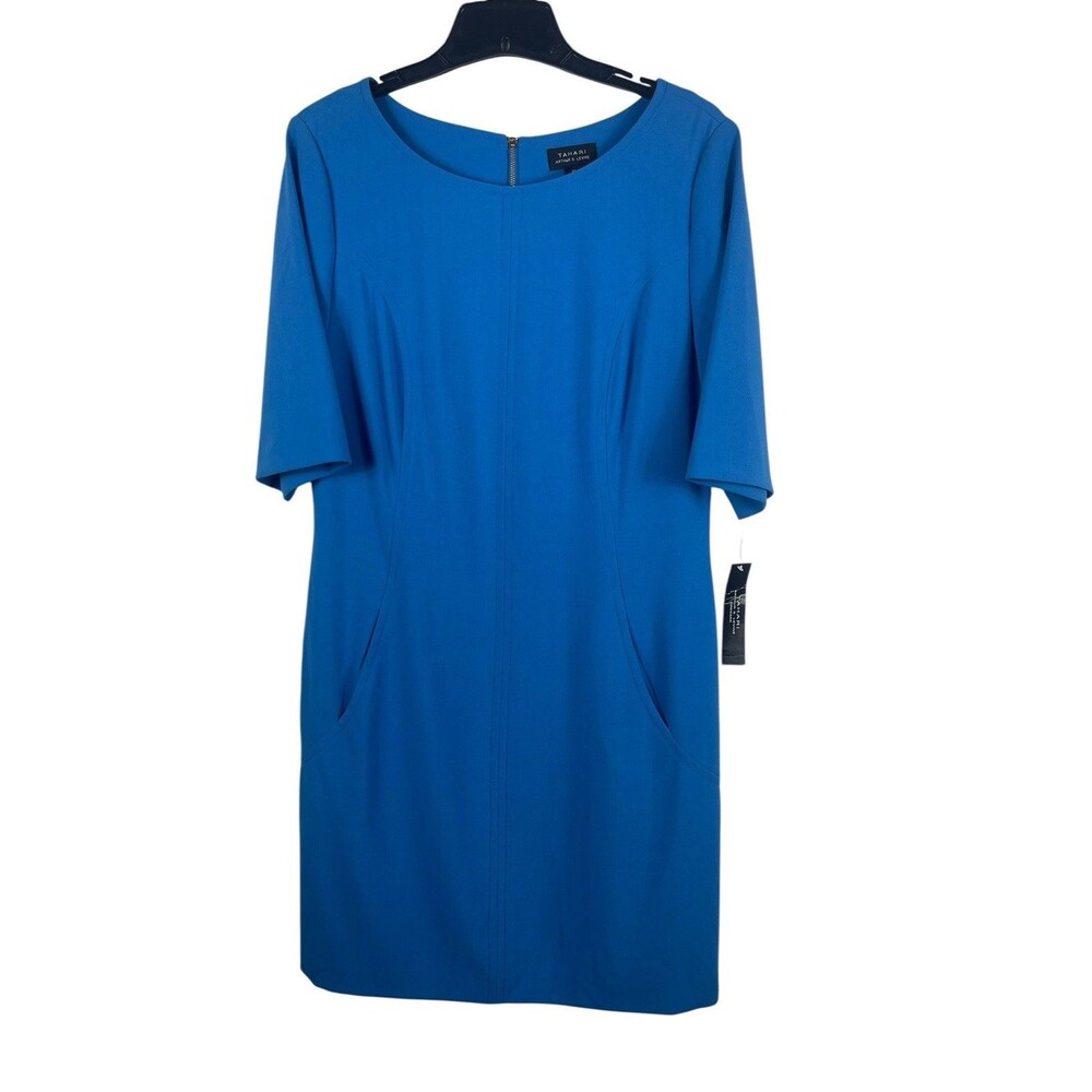Tahari Arthur S Levine Blue Sheath Dress Sz 12 Short Sleeve Career Pockets NWT